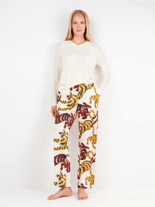 Pijama largo con encaje en hombros y pantalón animal print algodón - Kiabi