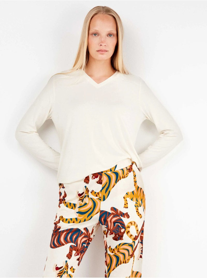 Pijama largo con encaje en hombros y pantalón animal print algodón Ecru - Kiabi