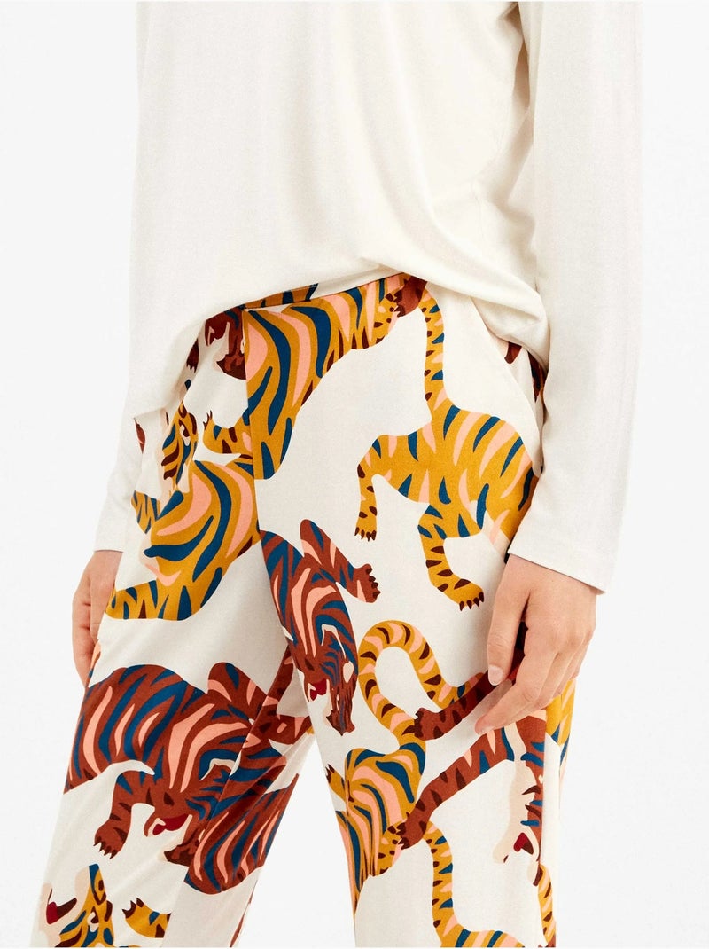 Pijama largo con encaje en hombros y pantalón animal print algodón Ecru - Kiabi