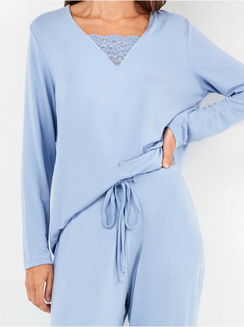 Pijama largo con escote pico y detalle de galón en tejido suave Hemelsblauw - Kiabi