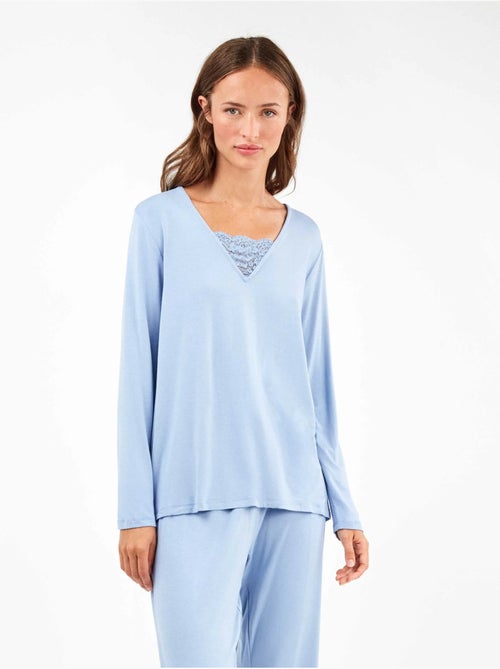 Pijama largo con escote pico y detalle de galón en tejido suave - Kiabi
