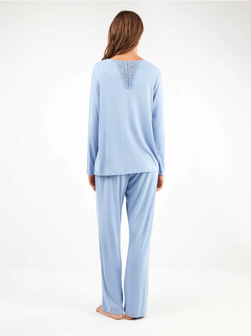 Pijama largo con escote pico y detalle de galón en tejido suave Hemelsblauw - Kiabi