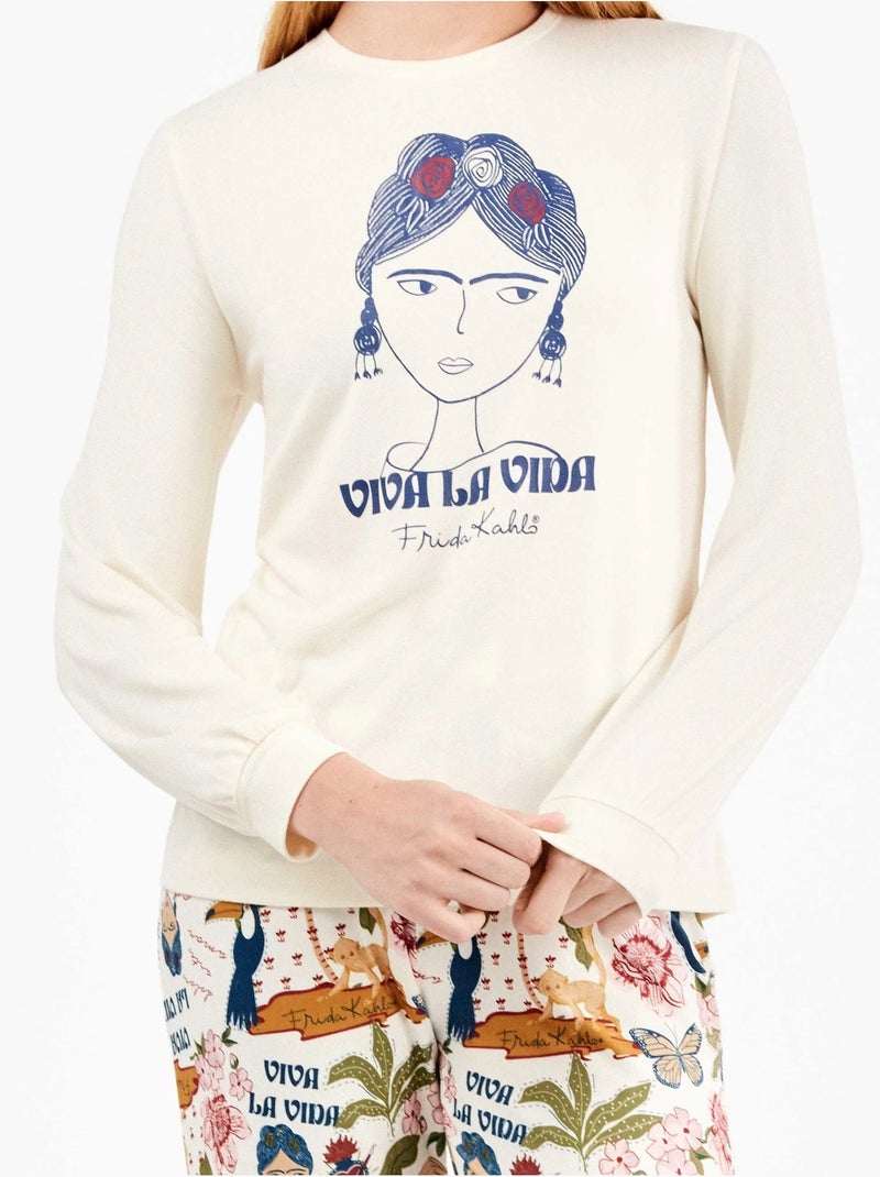 Pijama largo de frida kahlo en tejido de punto Ecru - Kiabi