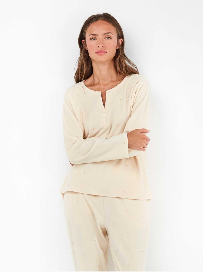 Pijama largo de lunares en tejido polar elástico Ecru - Kiabi