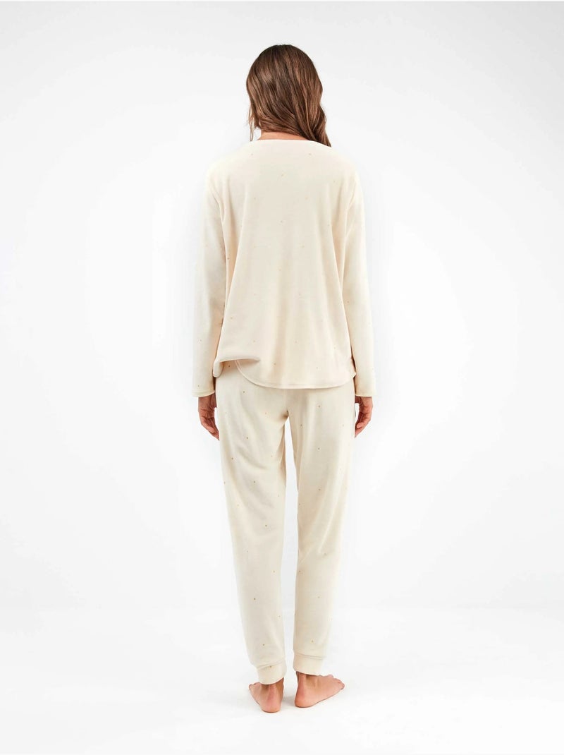 Pijama largo de lunares en tejido polar elástico Ecru - Kiabi