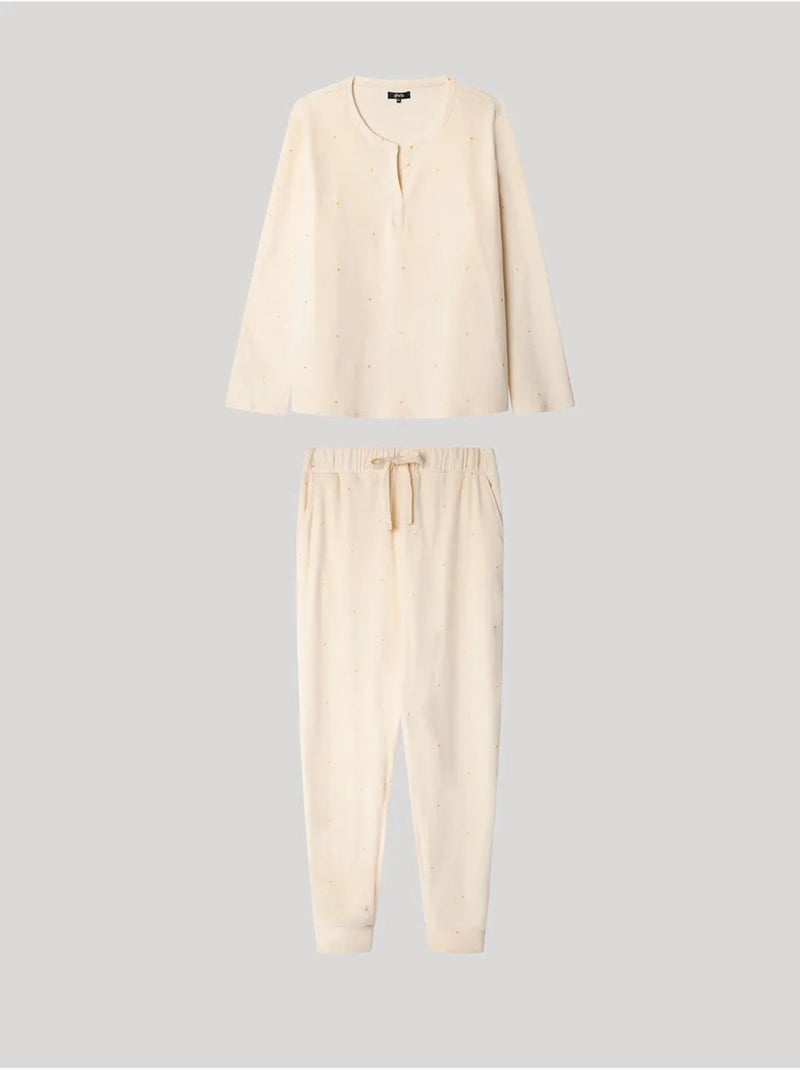Pijama largo de lunares en tejido polar elástico Ecru - Kiabi