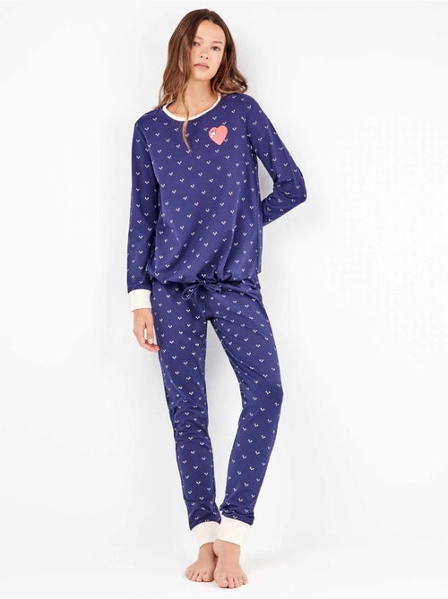 Pijama largo microestampado de corazones en tejido de algodón - Kiabi