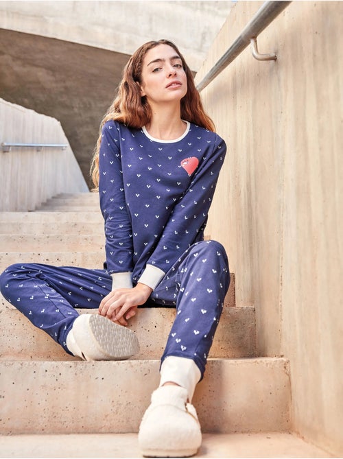 Pijama largo microestampado de corazones en tejido de algodón - Kiabi