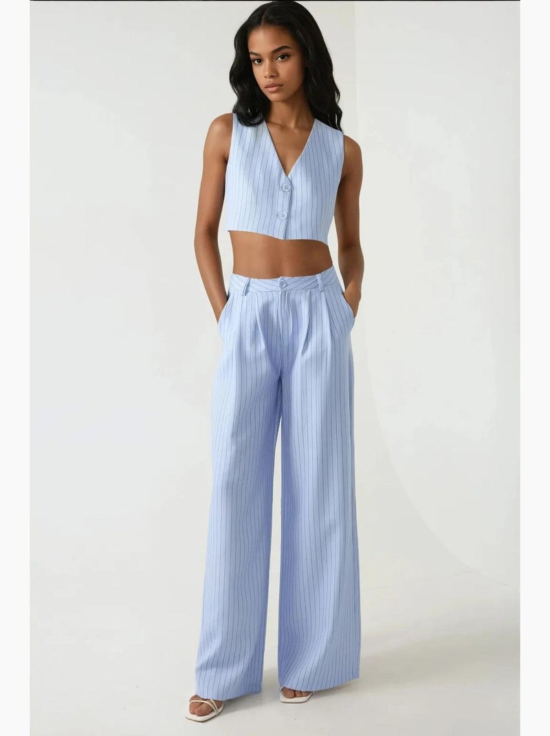 Pika collection high-waist gestreepte broek met wijde pijpen hiccup Hemelsblauw - Kiabi