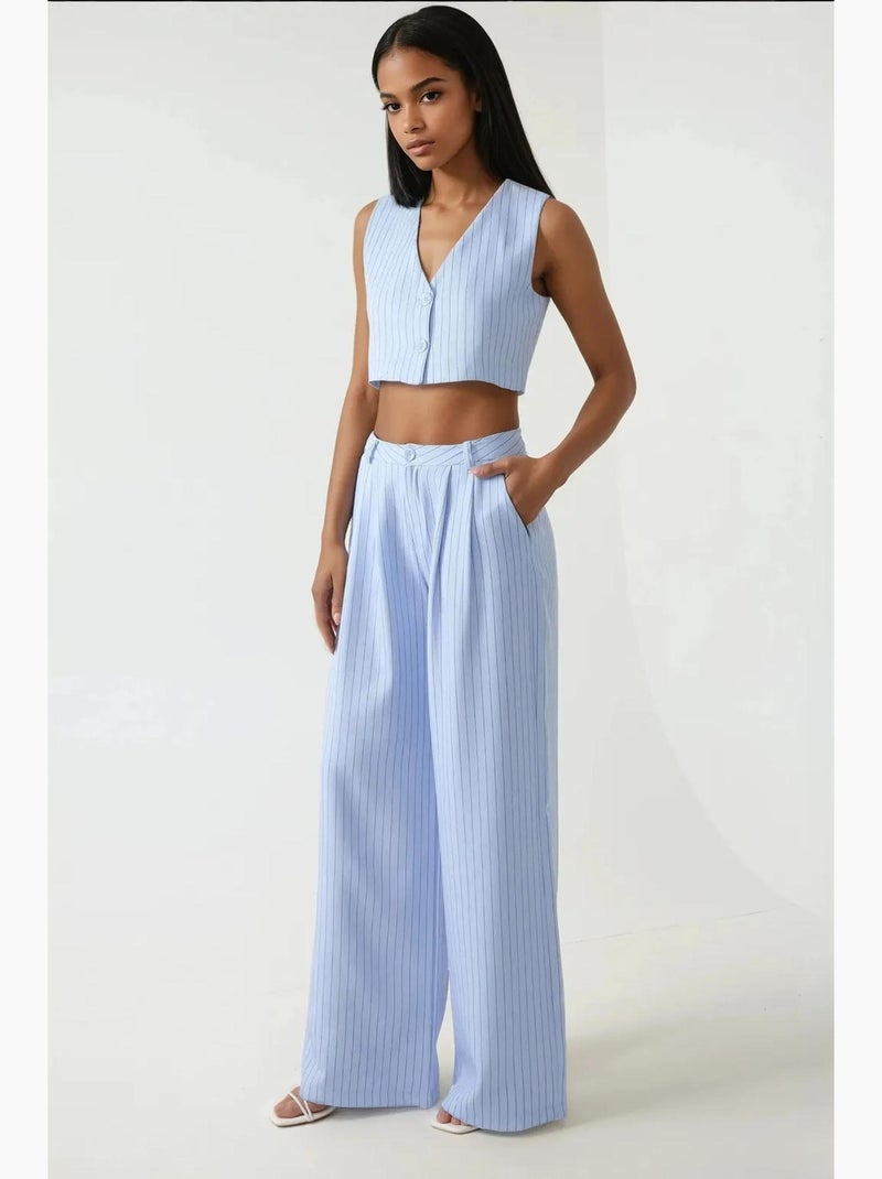Pika collection high-waist gestreepte broek met wijde pijpen hiccup Hemelsblauw - Kiabi