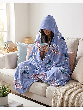Plaid à Capuche Flanelle Disney Stitch & Angel 2 Cute 120x150cm – All-Over Bleu – 100% Polyester – L