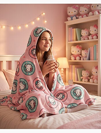 Plaid à Capuche Flanelle Hello Kitty Club 120x150cm – Doux et Chaud – Licence Officielle