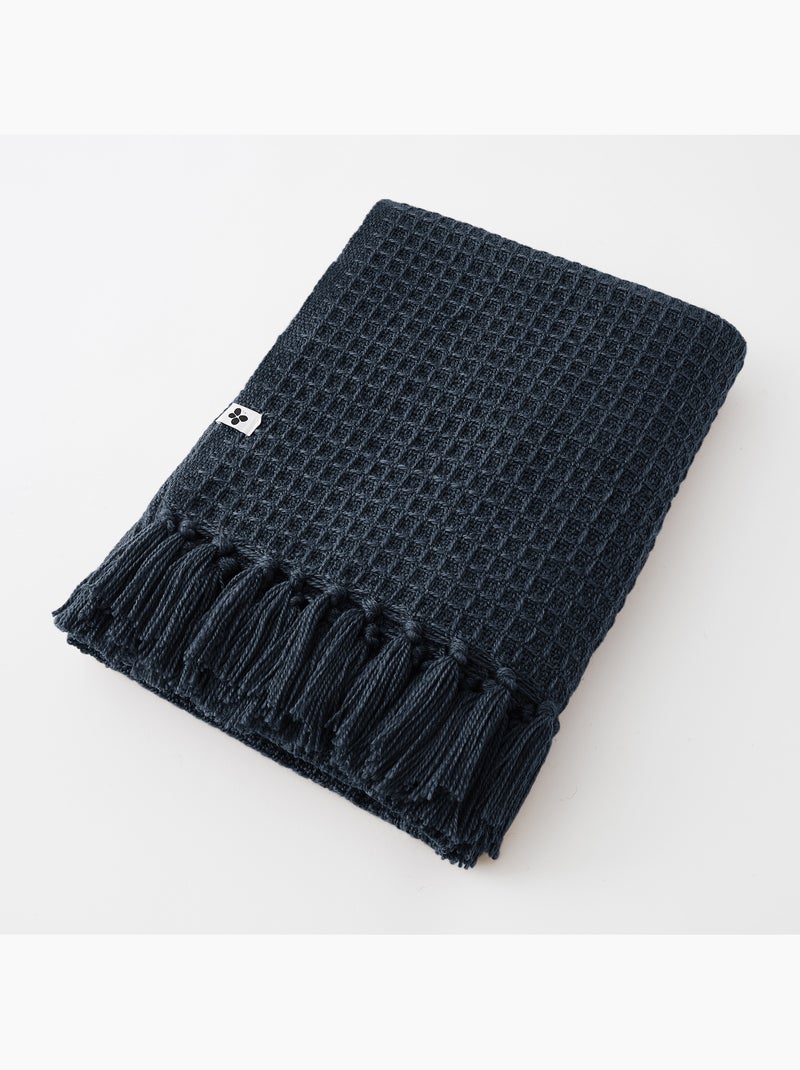 Plaid à frange - en fibres recyclées - doux et chaud — gabin Bleu foncé - Kiabi