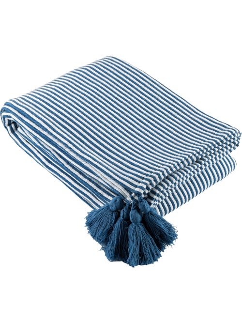 Plaid rayé à pompons - Kiabi