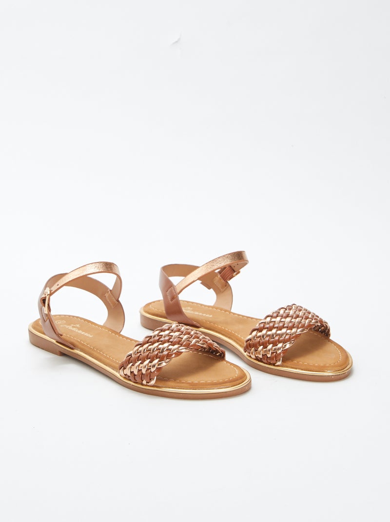 Platte sandalen met bandjes en gesp BRUIN - Kiabi