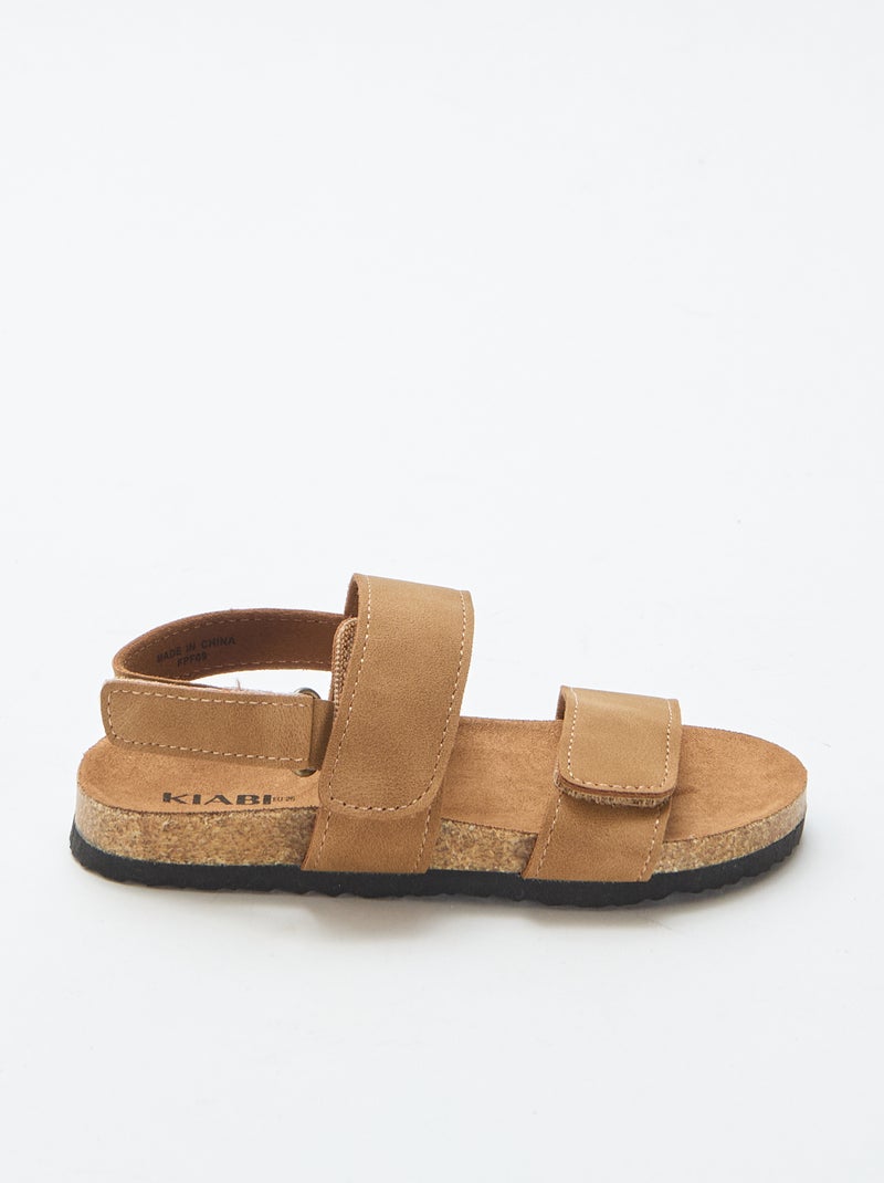 Platte sandalen met dubbele bandjes en klittenband Bruin - Kiabi