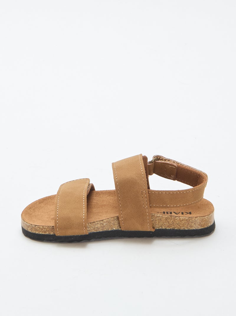 Platte sandalen met dubbele bandjes en klittenband Bruin - Kiabi