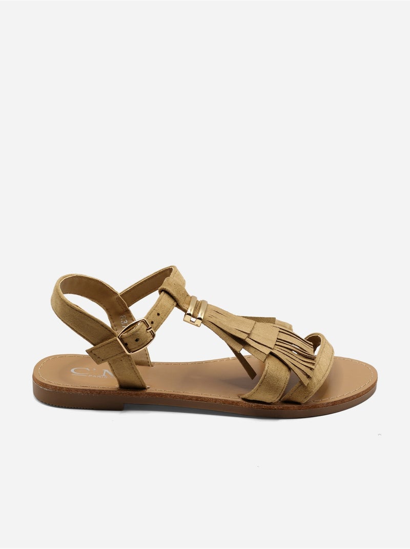 Platte sandalen met franjes Taupe - Kiabi