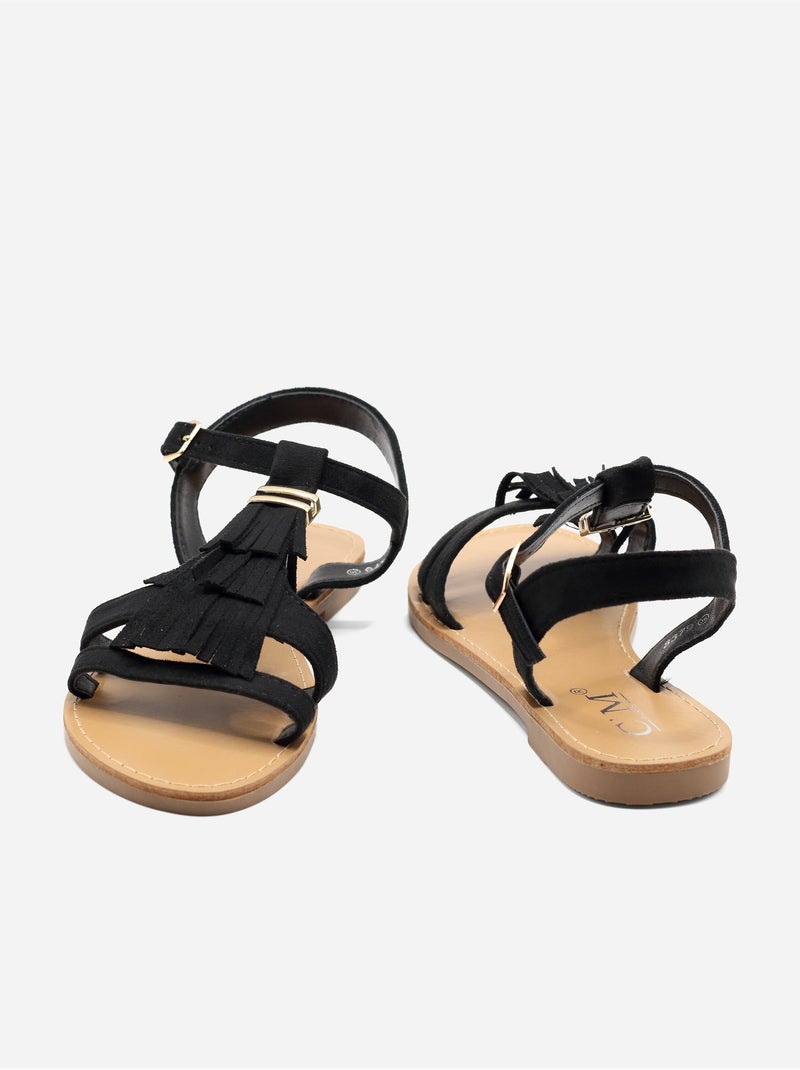 Platte sandalen met franjes Zwart - Kiabi