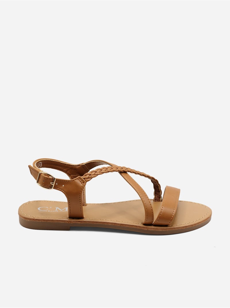 Platte sandalen met gevlochten bandjes Camel - Kiabi
