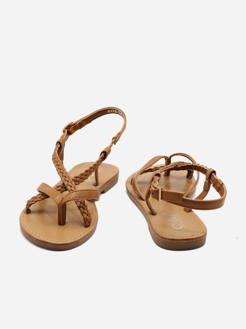 Platte sandalen met gevlochten bandjes Camel - Kiabi