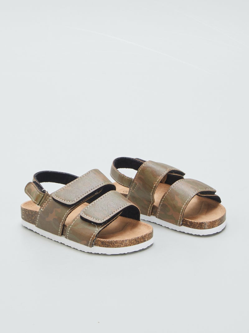 Platte sandalen met klittenband KAKI - Kiabi