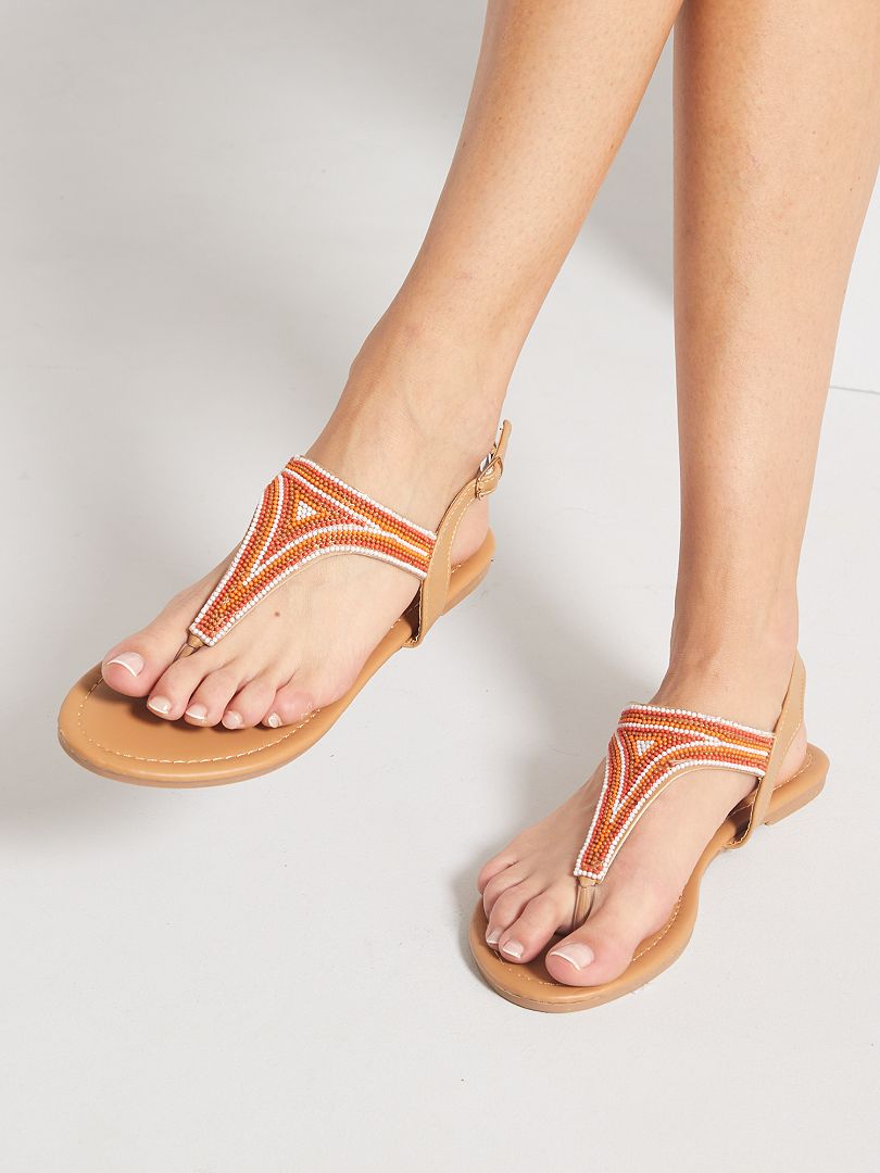 Platte sandalen met kralen khaki - Kiabi