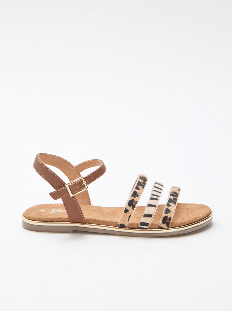 Platte sandalen met 'luipaard' bandjes Bruin - Kiabi