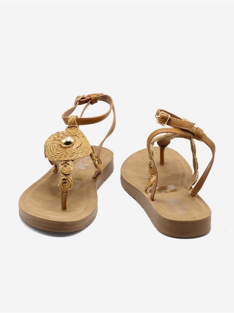Platte sandalen met parelversieringen Camel - Kiabi