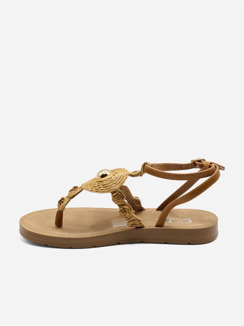 Platte sandalen met parelversieringen Camel - Kiabi