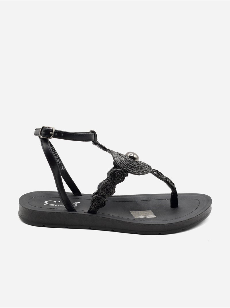 Platte sandalen met parelversieringen Zwart - Kiabi