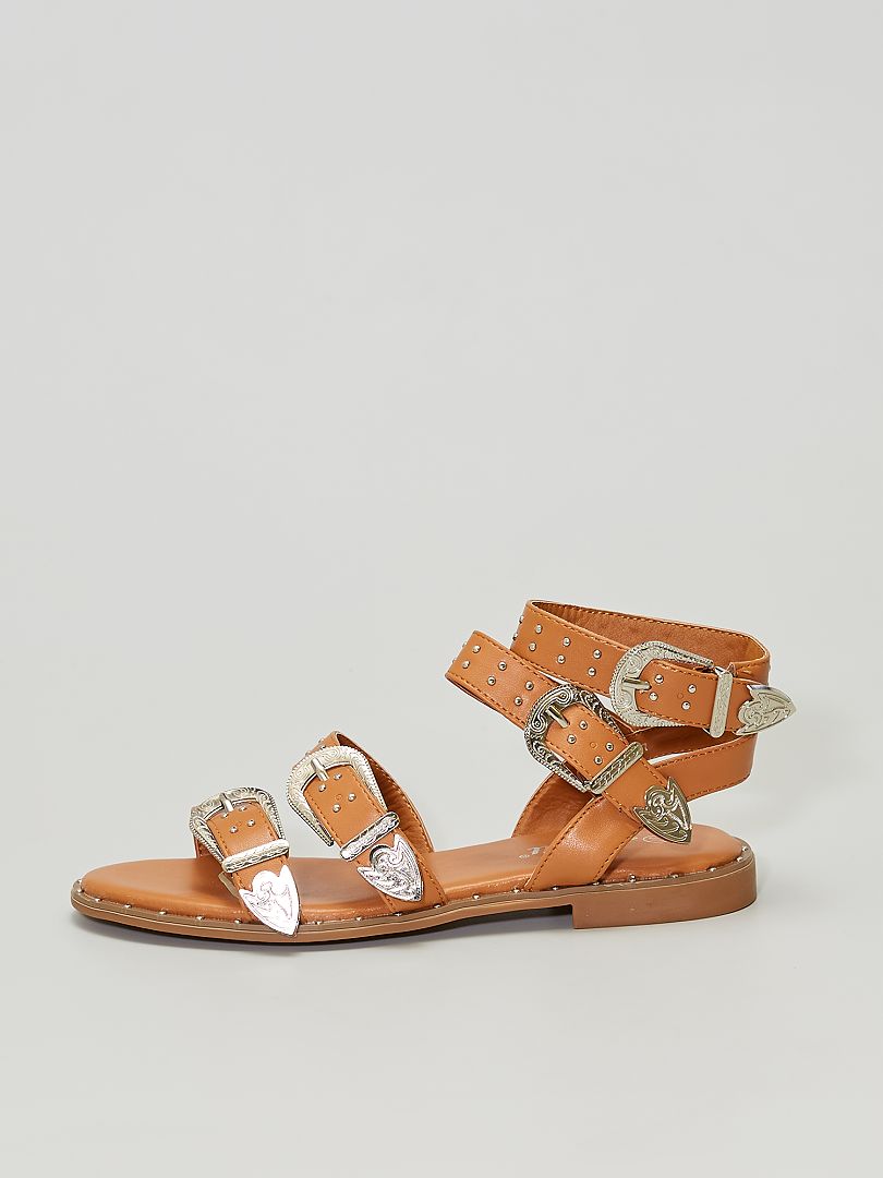 Platte sandalen met westerngesp khaki - Kiabi