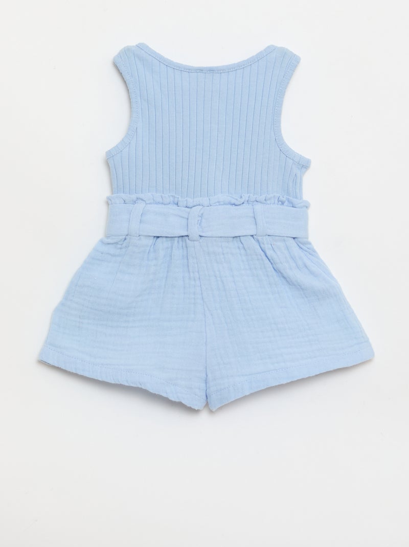 Playsuit van dubbele katoenen gaasstof met strikceintuur Blauw - Kiabi