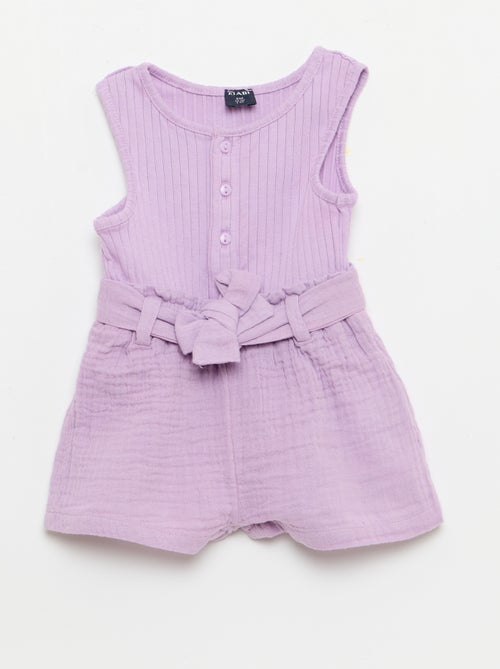 Playsuit van dubbele katoenen gaasstof met strikceintuur - Kiabi