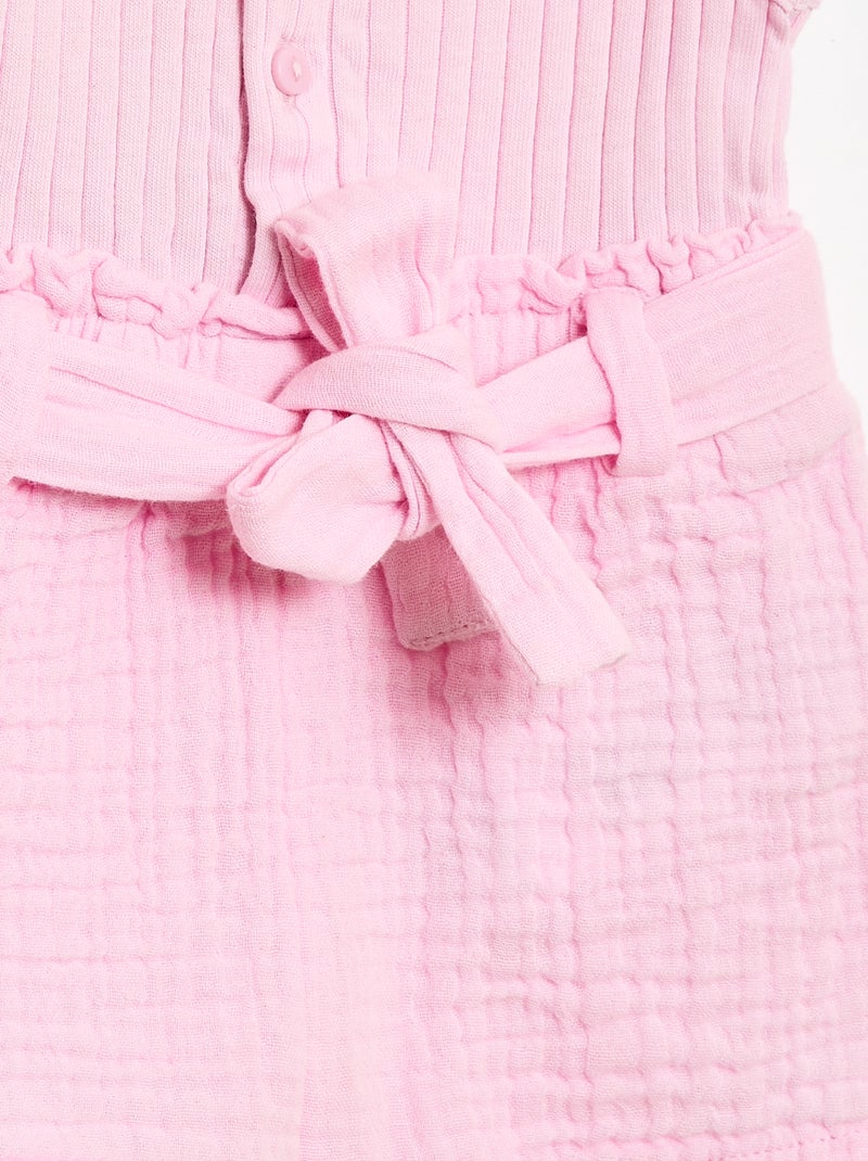 Playsuit van dubbele katoenen gaasstof met strikceintuur Rose - Kiabi