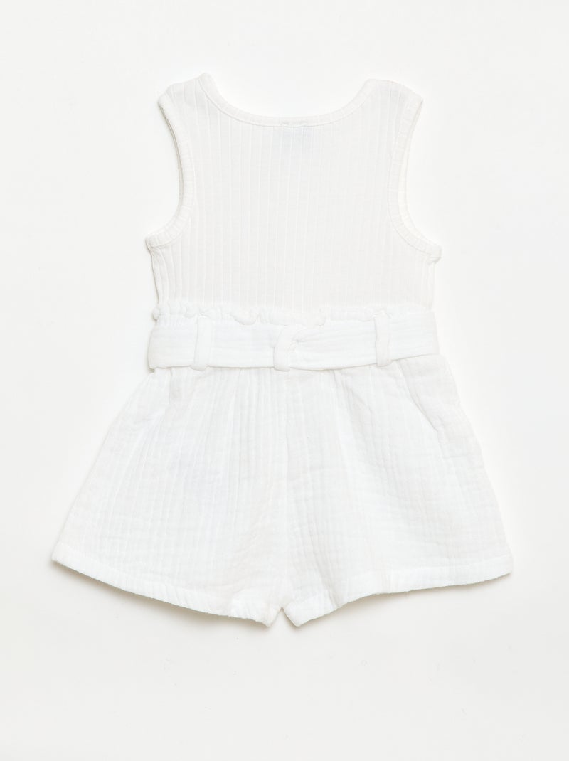 Playsuit van dubbele katoenen gaasstof met strikceintuur Wit - Kiabi