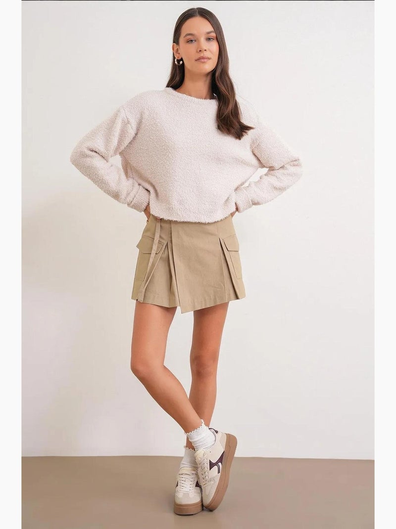 Pluche sweater met textuur, cropped gebreid mixray Beige - Kiabi