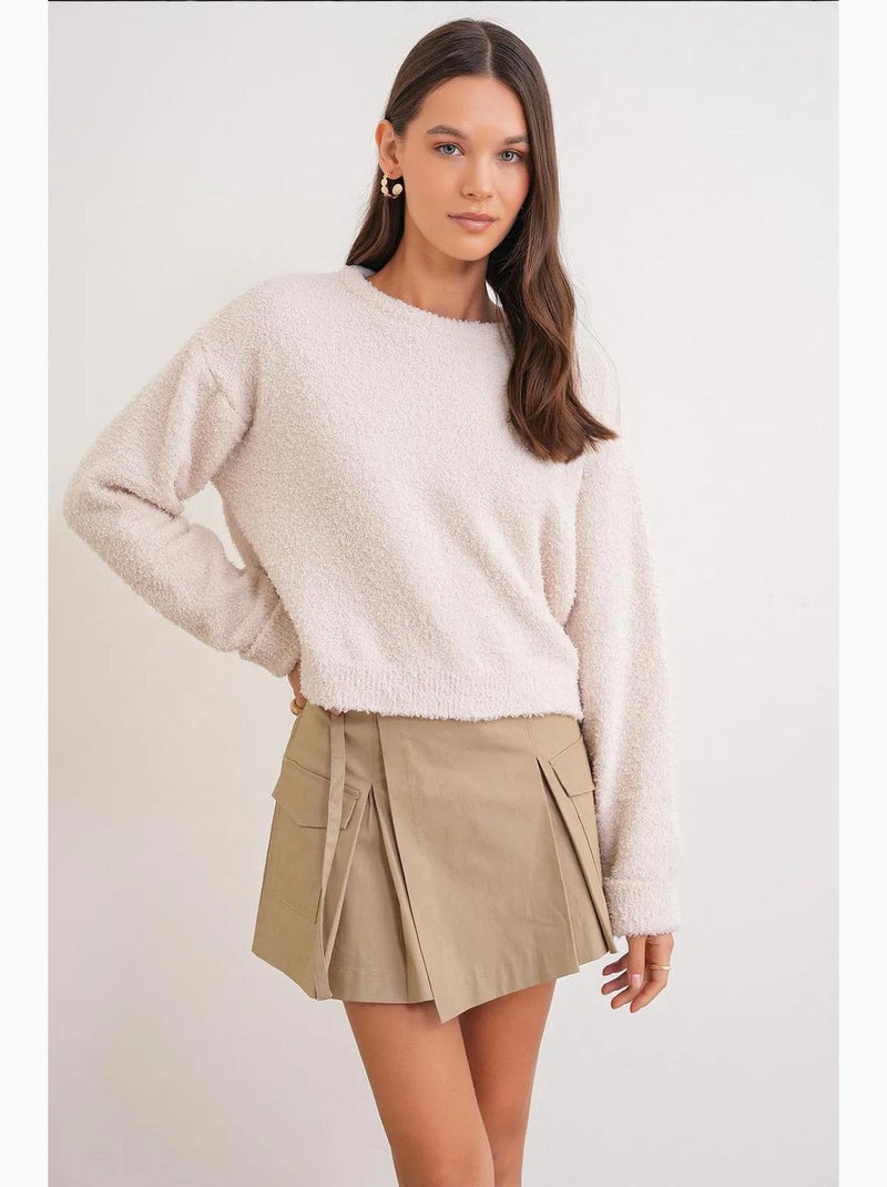Pluche sweater met textuur, cropped gebreid mixray Beige - Kiabi