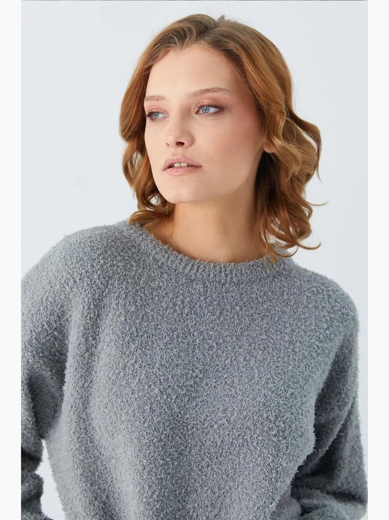 Pluche sweater met textuur, cropped gebreid mixray Grijs - Kiabi