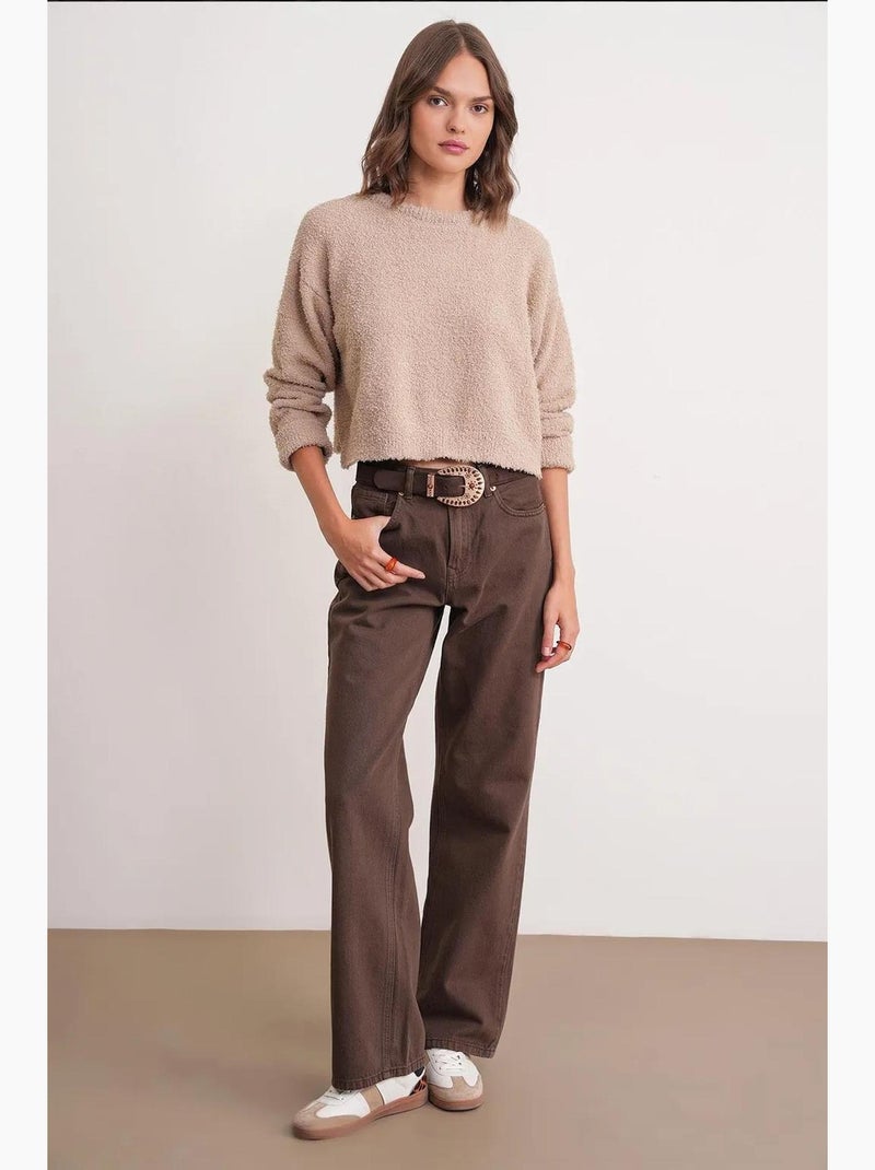 Pluche sweater met textuur, cropped gebreid mixray Klei-beige - Kiabi