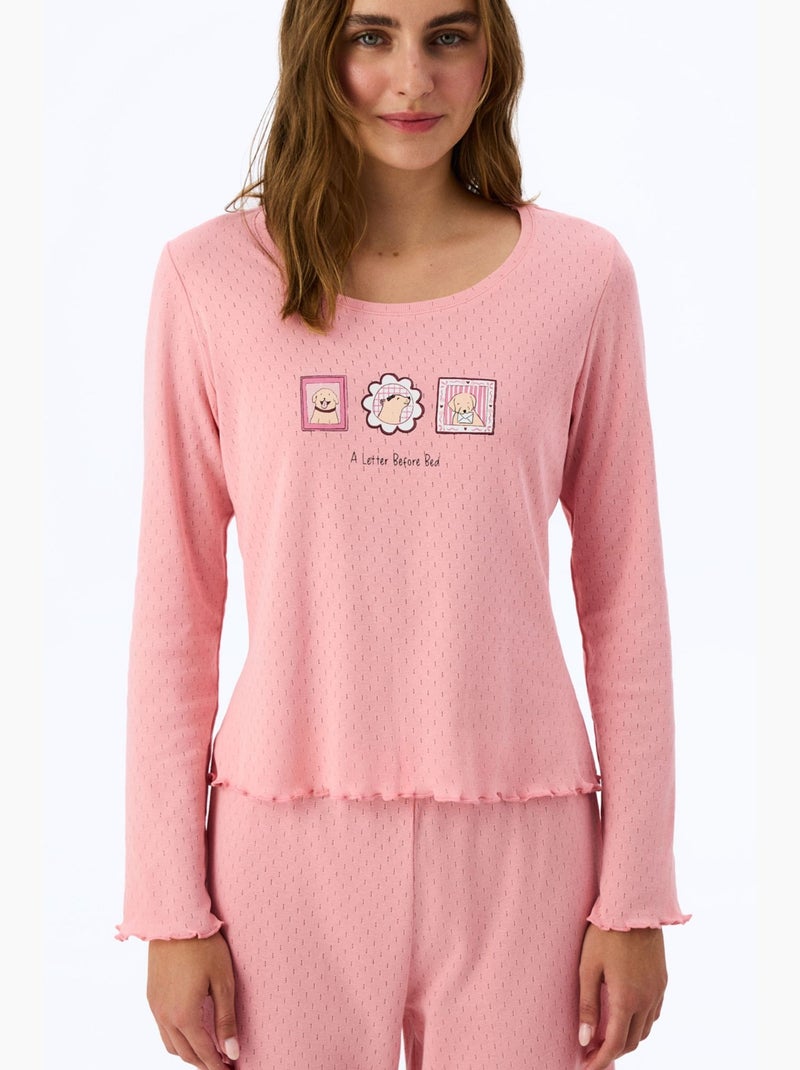 Pointelle pyjamatop met korte mouwen en sloganprint penti Oudroze - Kiabi