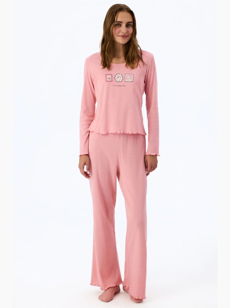 Pointelle pyjamatop met korte mouwen en sloganprint penti Oudroze - Kiabi