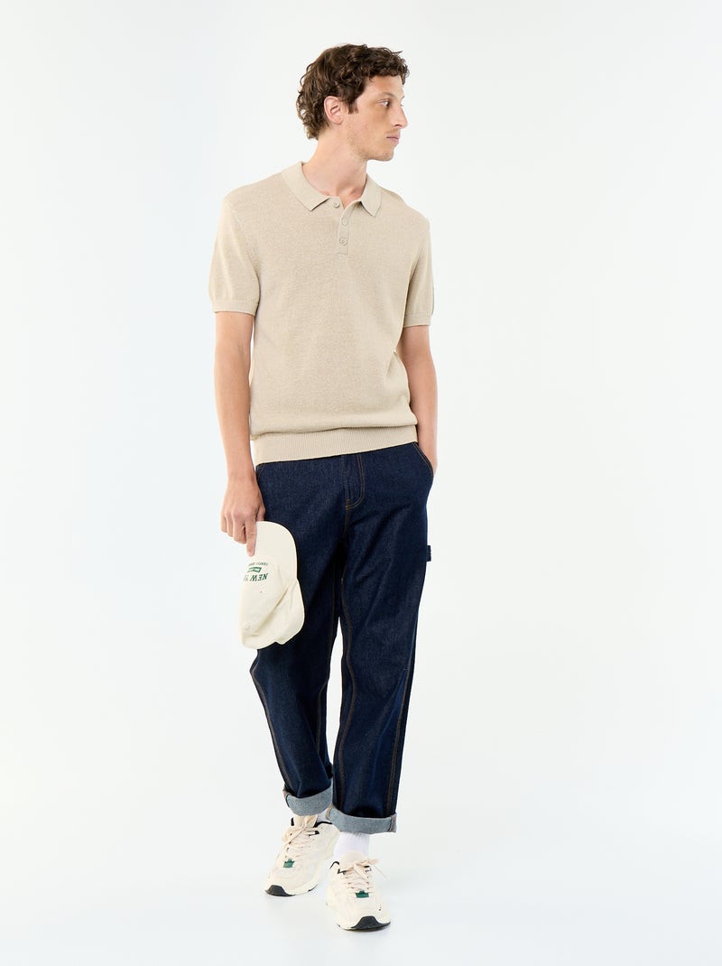 Polo à manches courtes en maille ajourée Beige - Kiabi