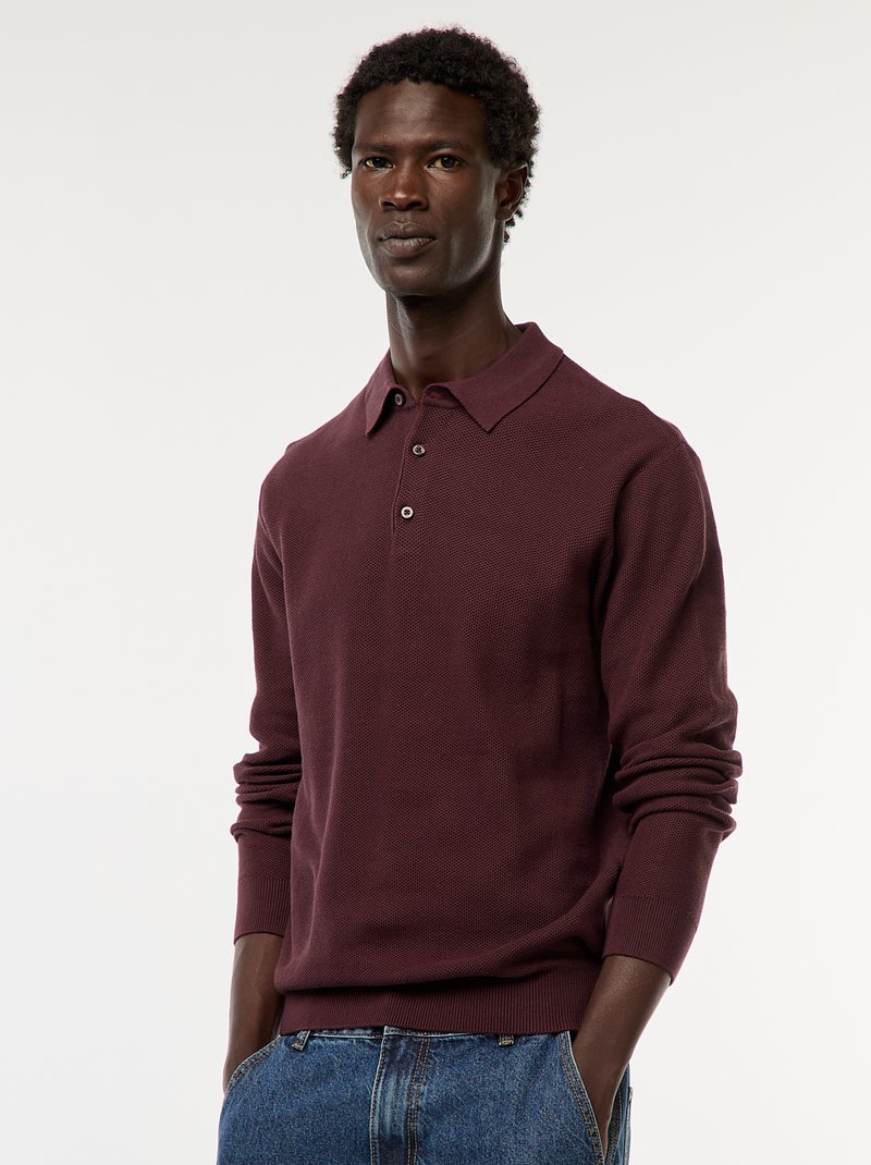 Polo à manches longues en maille fantaisie Violet - Kiabi