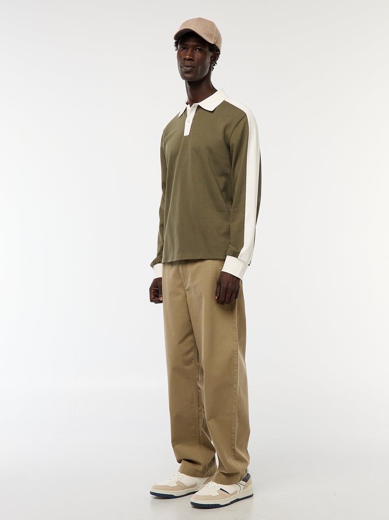 Polo bicolore à manches longues Kaki - Kiabi
