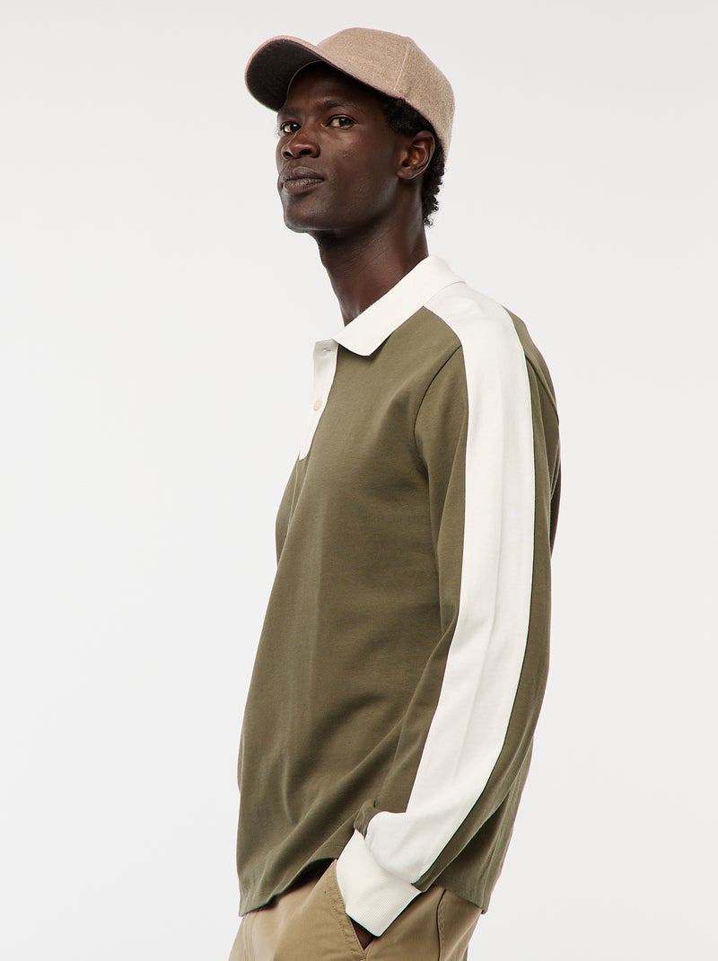 Polo bicolore à manches longues Kaki - Kiabi