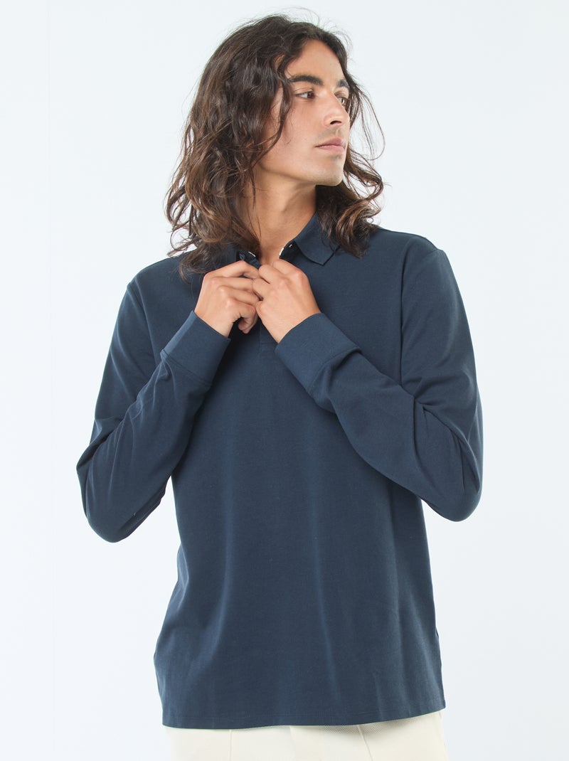 Polo en maille piquée à manches longues uni Bleu - Kiabi