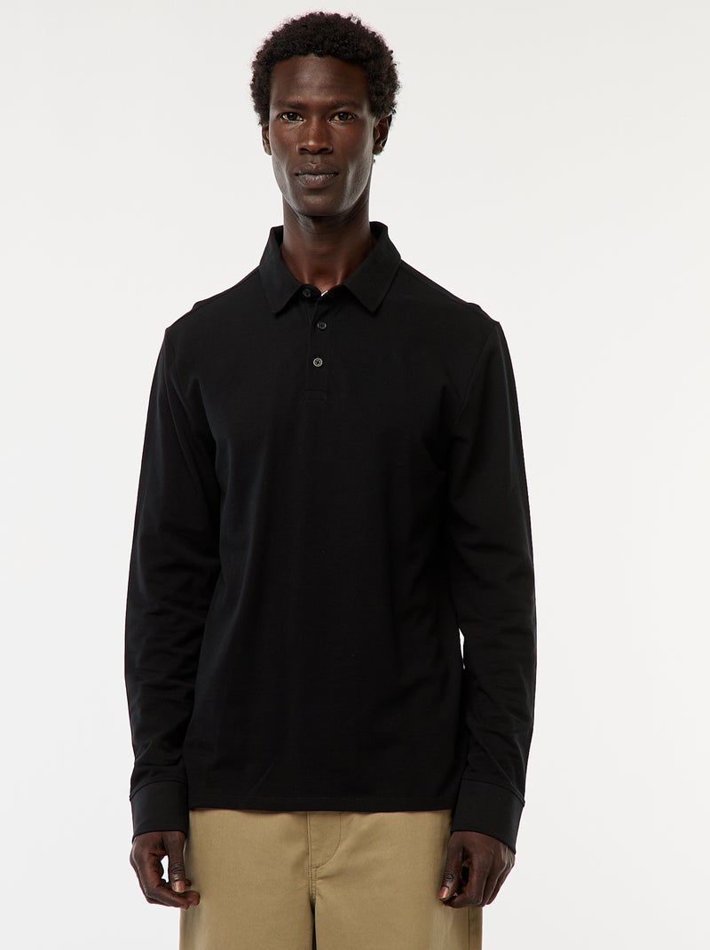 Polo en maille piquée à manches longues uni Noir - Kiabi