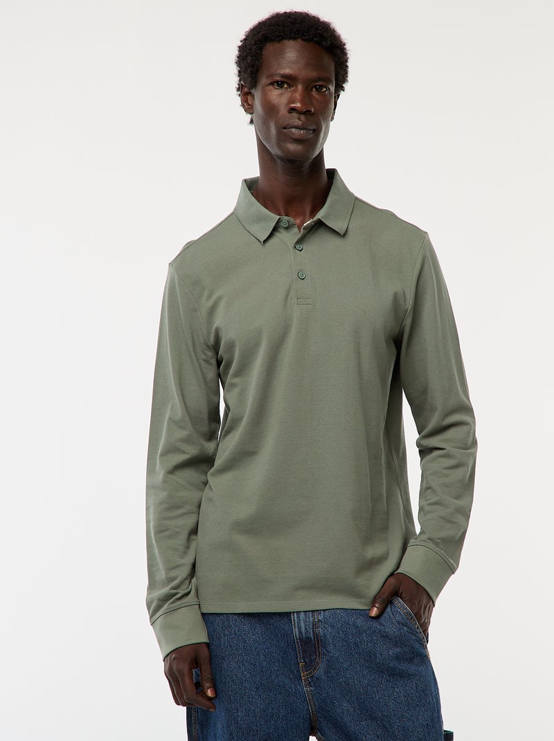Polo en maille piquée à manches longues uni Vert - Kiabi