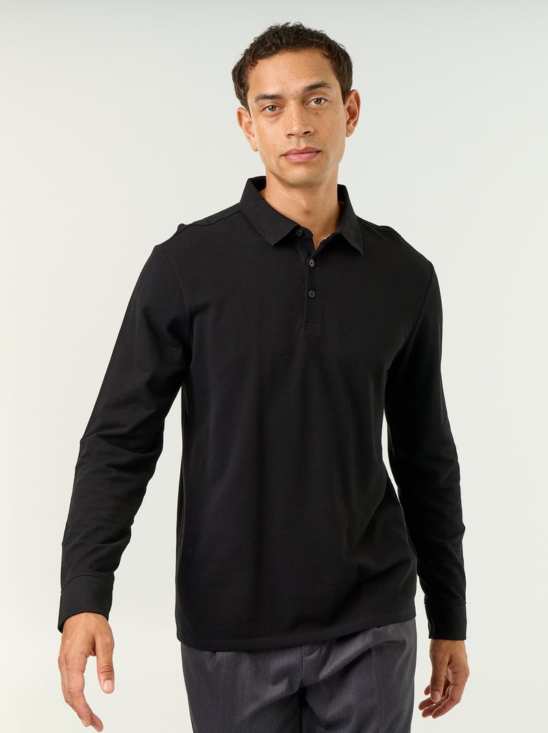 Polo en maille piquée manches longues Noir - Kiabi